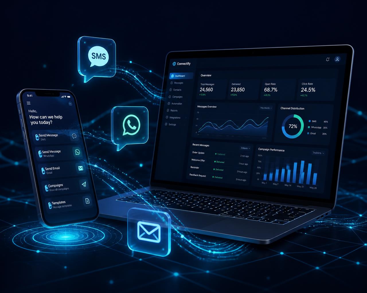 Painel VIVAZAPP com SMS e WhatsApp conectados em rede